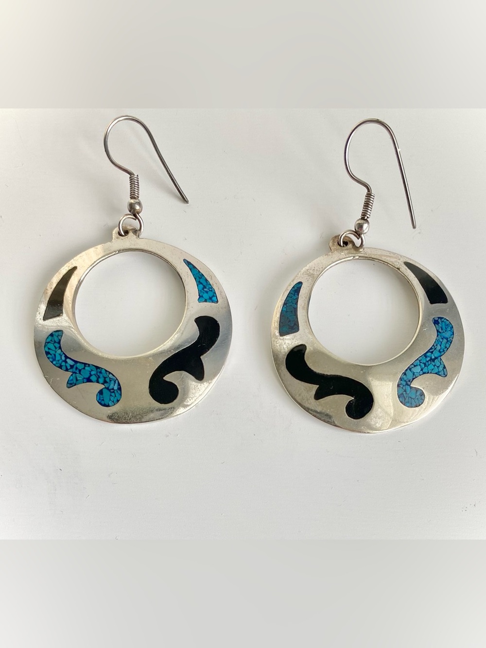 Sterling Silver Turquoise and Onyx Hoop Drop Earrings